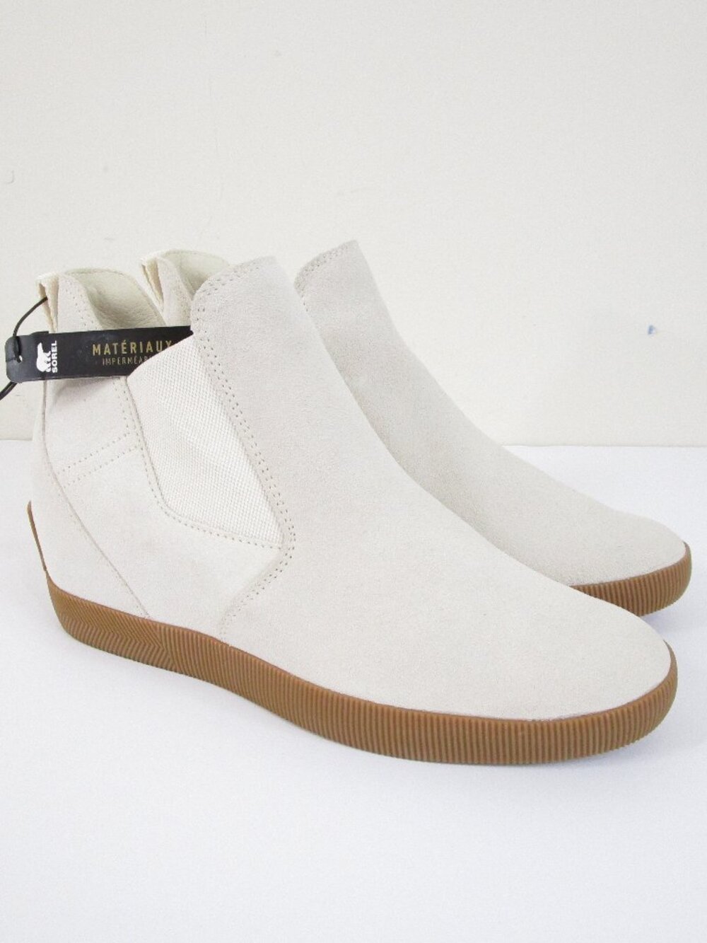 Sorel Womens Out N About White Leather Suede Slip On Wedge Ankle Boots Size 10.5